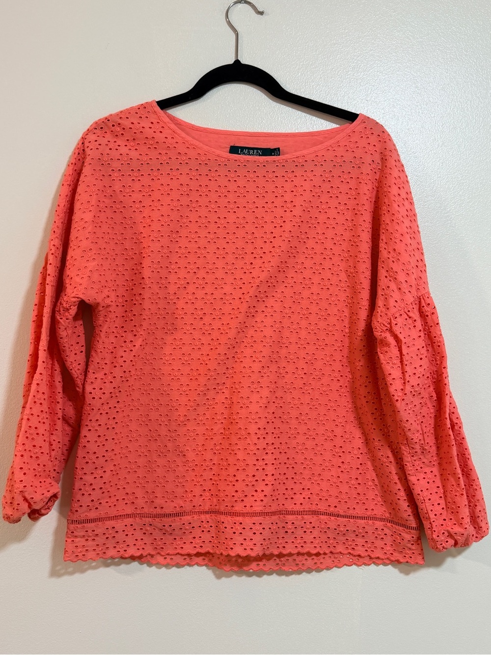 Lauren by Ralph Lauren Sun Coral Eyelet Blouse Balloon Sleeves Preppy Old Money